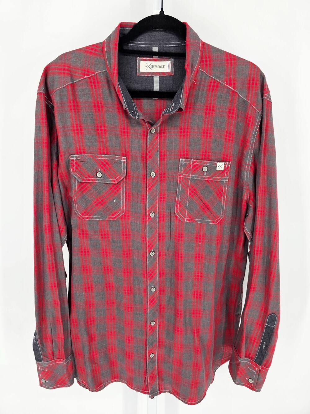 Depart West Mens Sz XL Long Sleeve Button Up Shirt Red Gray Plaid